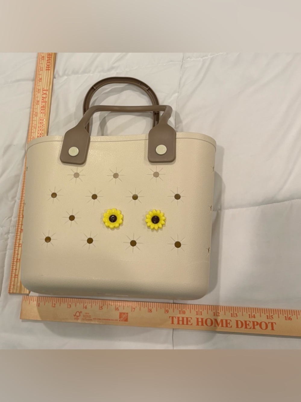 Tan cream Women's Tote Bag with Brown Handles and Yellow Flower Accents